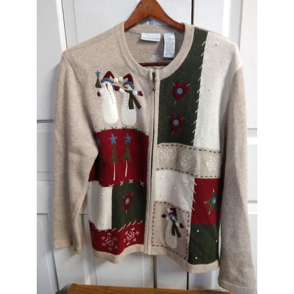 Croft & Barrow Womens L Beige Christmas Patchwork Cardigan W/Snowman Embroidery